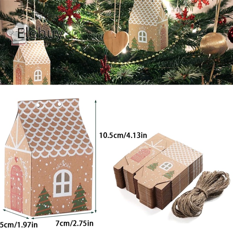 Set 10 túi giấy kraft ELEBUY hình ngôi nhà có dây treo dùng để đựng bánh kẹo dịp giáng sinh