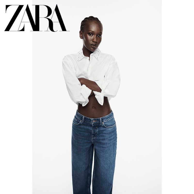 Zara Áo Sơ Mi Ngắn Đính Đinh Tán Thời Trang Mùa Thu Dành Cho Nữ