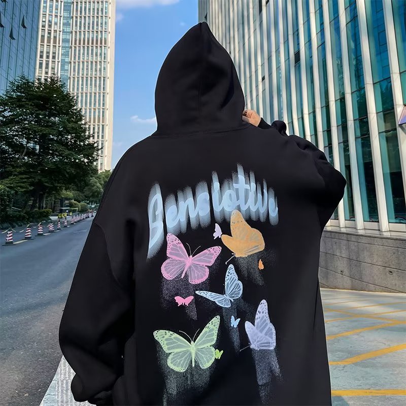 Áo hoodie Nhung Dày Dặn Tay Dài Dáng Rộng In Hình Bướm graffiti Phong Cách Mỹ Cổ Điển Thời Trang Mùa Thu Mới Dành Cho Bạn Nam size M-5XL
