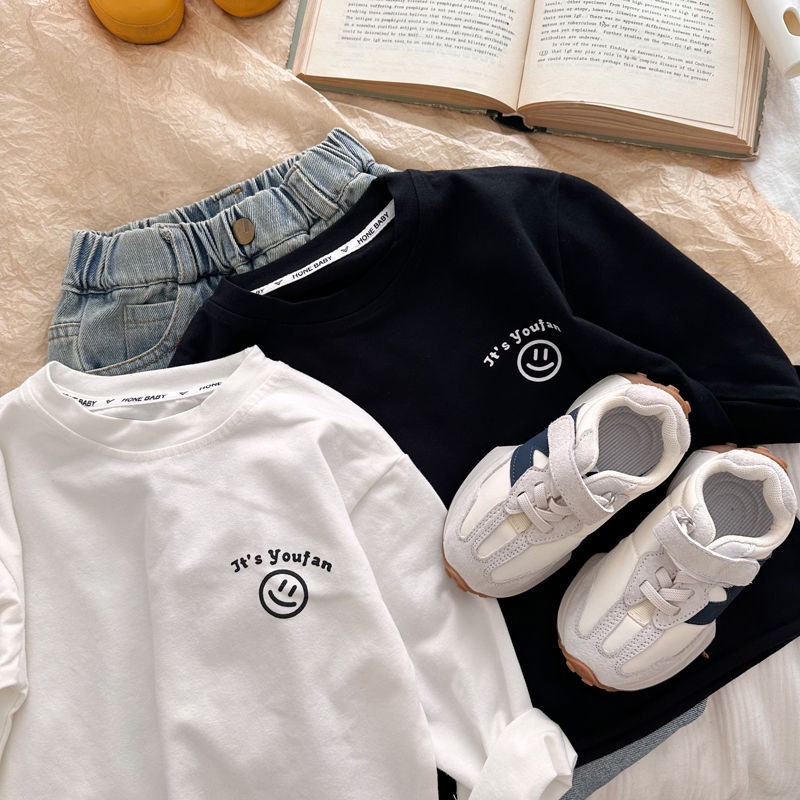 Áo Thun cotton Tay Dài In Hình Mặt Cười Thời Trang Thu Đông Cho Bé 90-140cm