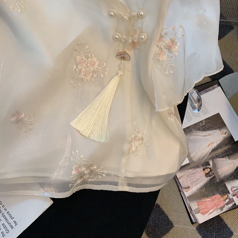 Mới Áo Sơ Mi Lưới Cách Tân Thêu Họa Tiết Phong Cách Trung Hoa Cổ Điển Thời Trang Cho Nữ