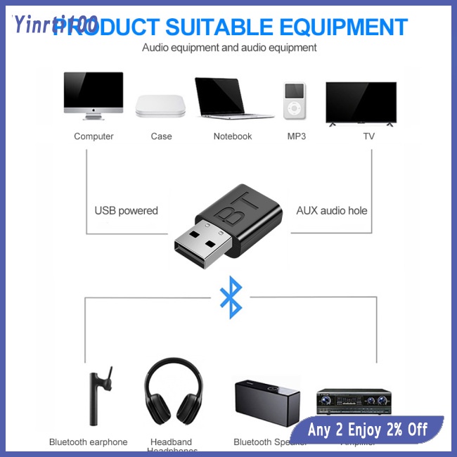 Yinrti usb bluetooth 5.0 Nhận Tín Hiệu Âm Thanh hifi / usb 3.5mm Cho tv / pc