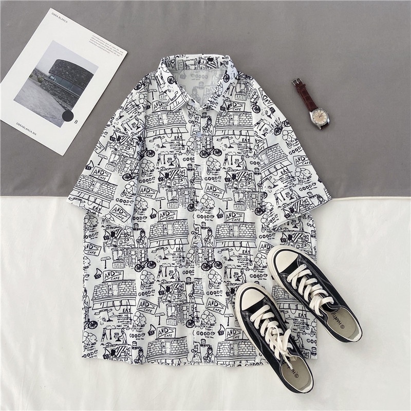 Áo Sơ Mi chiffon Tay Ngắn Cổ Bẻ In Họa Tiết Kẻ Sọc Thời Trang Hàn Quốc Dành Cho Nữ