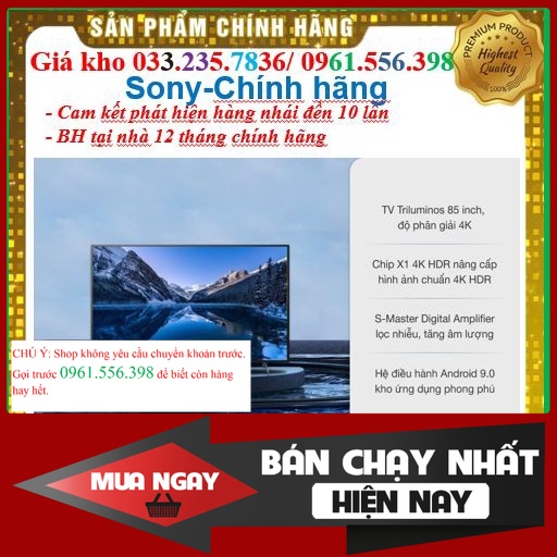 'New' Smart Tivi Sony 85 Inch 4K UHD KD-85X8000H &lt; Chính hãng BH:24 tháng tại nhà toàn quốc &gt; - Mới 100%