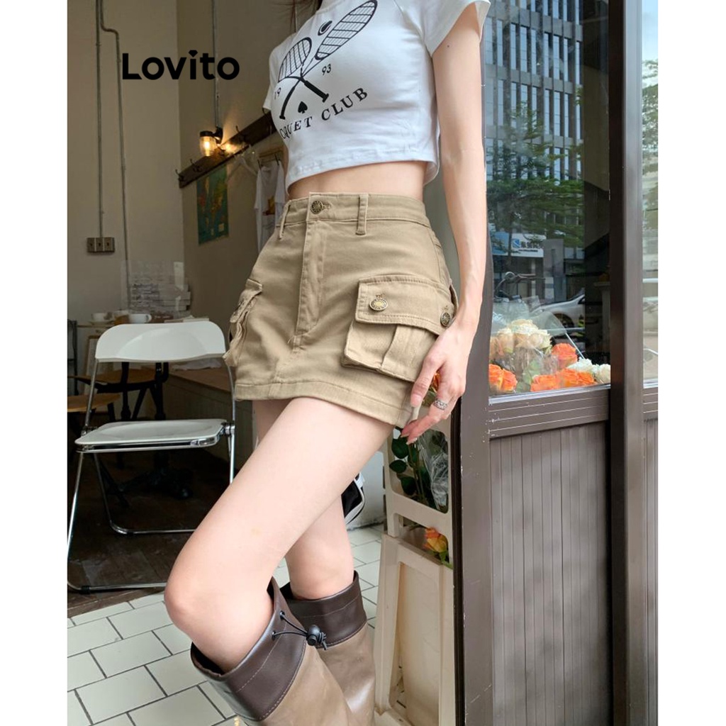 Quần đùi giả váy denim Lovito 2 trong 1 có túi màu trơn thường ngày cho nữ LNA19005 (màu kaki)
