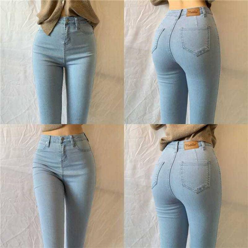 Phụ nữ ăn mặc # gió cao eo mật đào mông đàn hồi màu xanh nhạt denim quần bó sát mông nhỏ chân bút chì quần