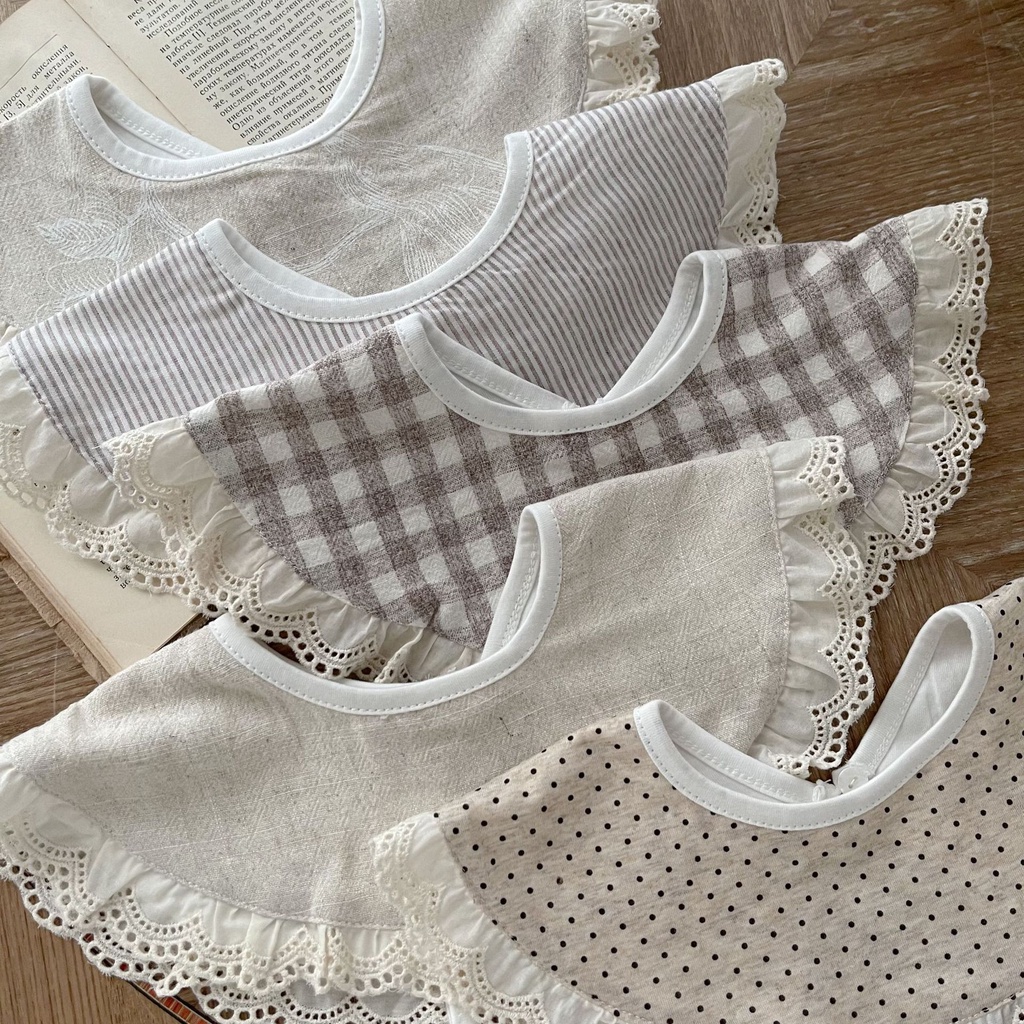 Yếm Ăn Vải Lanh cotton Phối Ren Phong Cách Nhật Bản Cho Bé