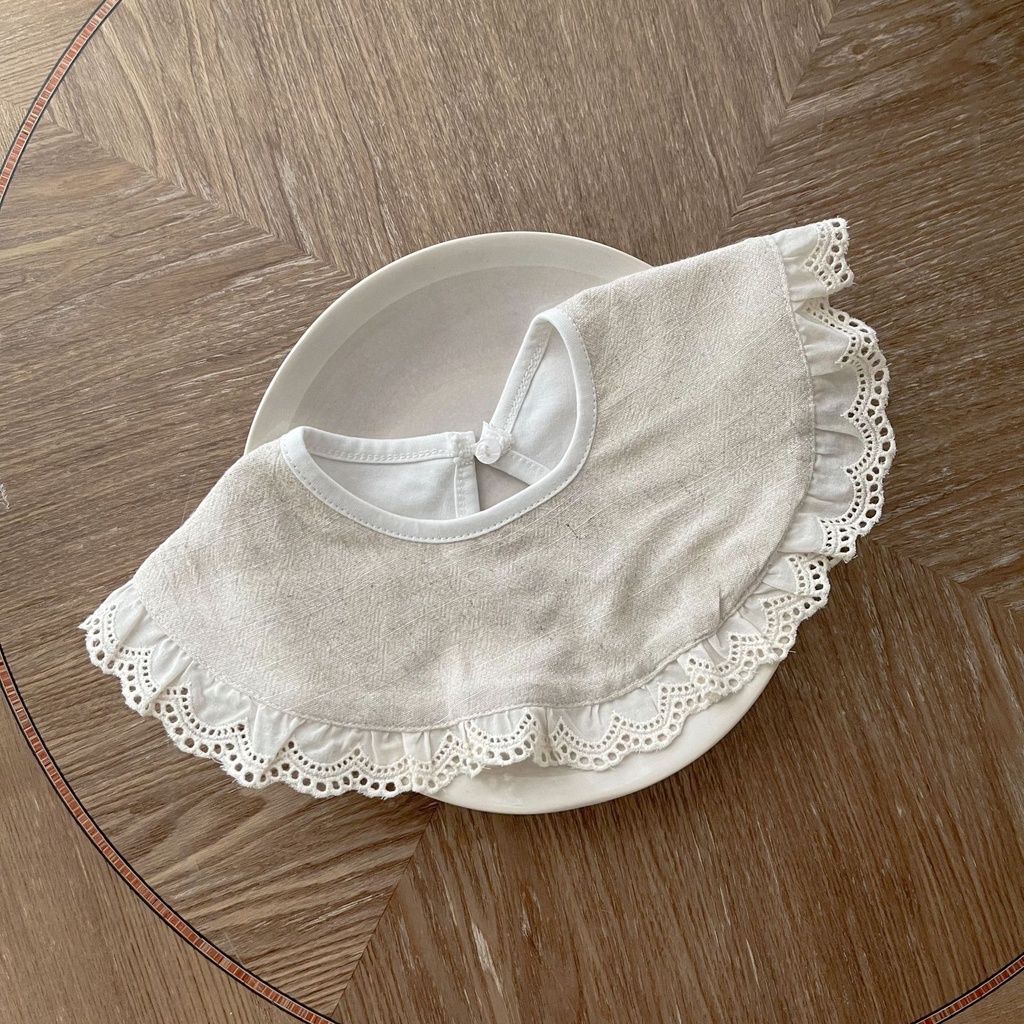 Yếm Ăn Vải Lanh cotton Phối Ren Phong Cách Nhật Bản Cho Bé