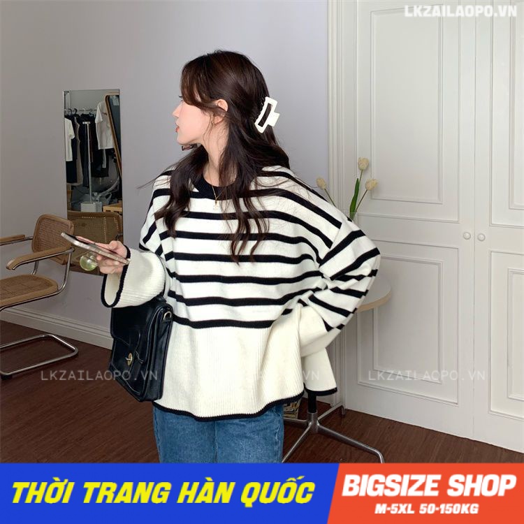 Áo len Bigsize Áo dệt kim nữ form rộng kẻ sọc xẻ tà tay dài cổ tròn Mùa Thu Phong Cách hàn quốc đẹp Thanh Lịch cho nữ