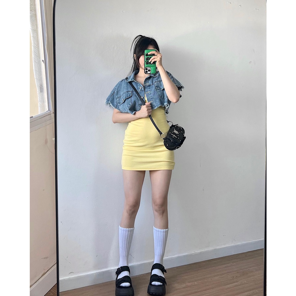 Áo crop khoác tay ngắn JEAN xanh nhạt