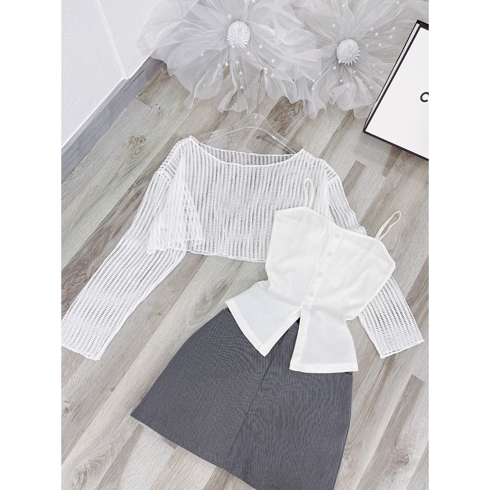 Set 3 món  áo 2 dây trắng nút +chân váy xám +áo lưới