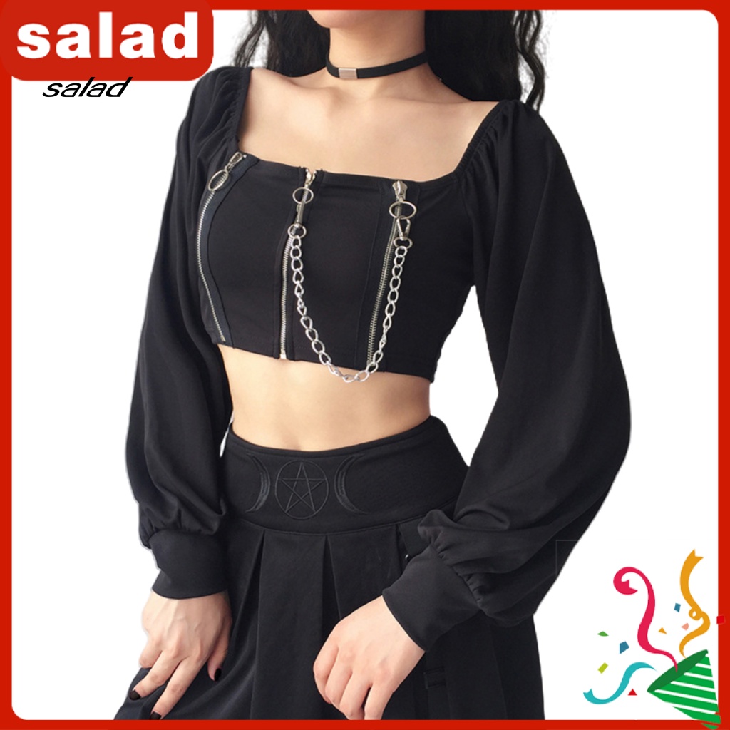 Áo Croptop Tay Dài Cổ Vuông Có Khóa Kéo Phong Cách retro Cho Nữ