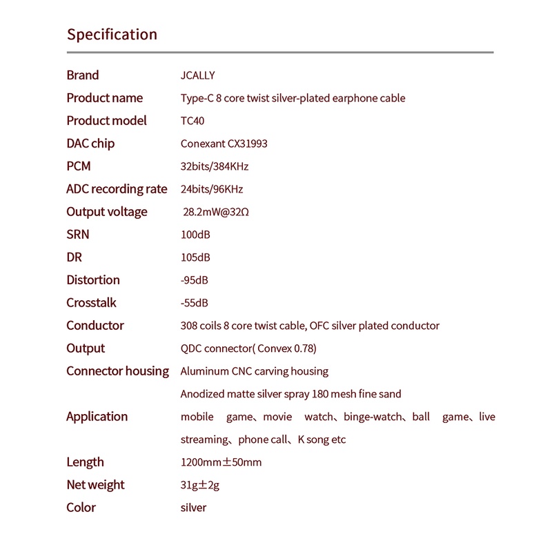 Jcally Dây Cáp Tai Nghe Mạ Bạc tc40 type-c 8 Lõi cx31993 dac Kèm mic Cho kz trn