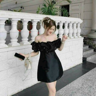 Đầm nữ chất umi trễ vai dáng ngắn phối hạt bánh bèo siêu xinh