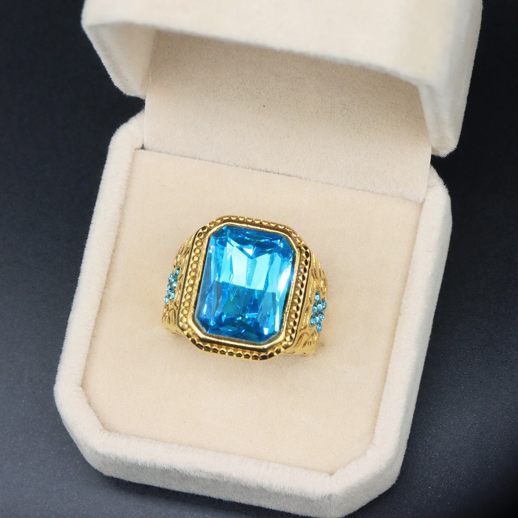 Aquamarine Nhẫn Thép Titan Mạ Vàng Đính Đá zircon Phong Cách punk vintage Thời Trang Cho Nam