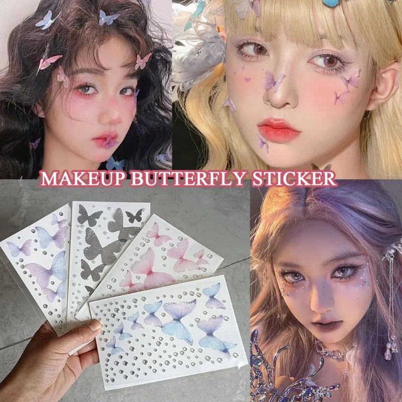 Miếng Dán Mặt / Cơ Thể Bằng Vải Tuyn Hình Bướm Đính Đá Nhiều Màu Trang Trí Nghệ Thuật