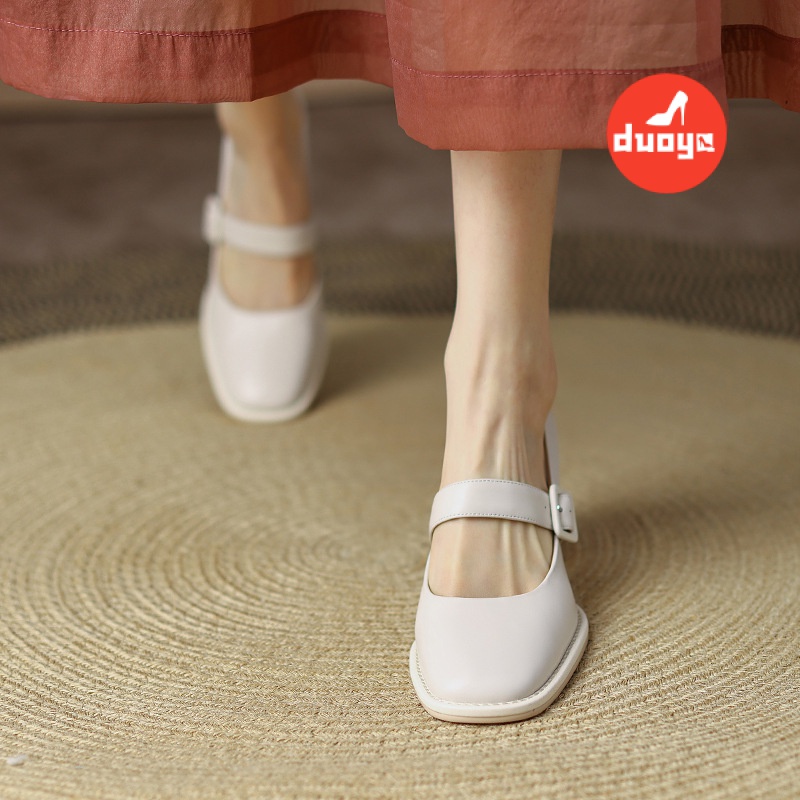 Nhà máy duoya tóc thẳng ~  giày đơn nữ bơm gót dày giày cao gót màu nâu dây đeo phẳng giày mary jane miễn phí vận chuyển