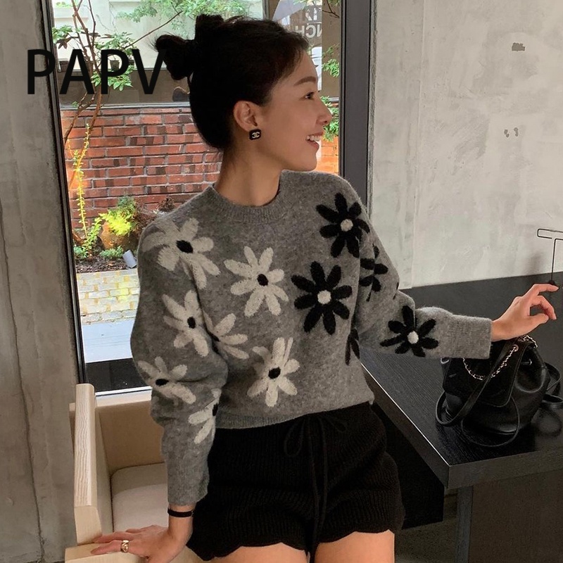 Áo sweater Dệt Kim Tay Dài Cổ Tròn Dáng Rộng In Hoa Thời Trang g1943