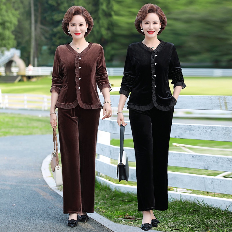 Hàng Mới Về Bộ Áo Nhung Tay Dài Phong Cách Phương Tây Thời Trang Xuân Thu Cho Phụ Nữ Trung Niên