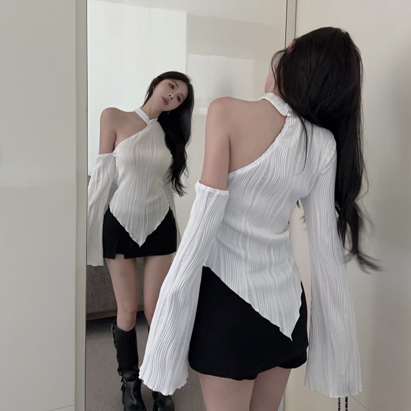 Áo Thun Tay Dài Hở Vai Mùa Thu Đông Phong Cách Mới Đa Năng Hình Cô Gái Nóng Bỏng Màu Trắng Không Đối Xứng Phong Cách Mới