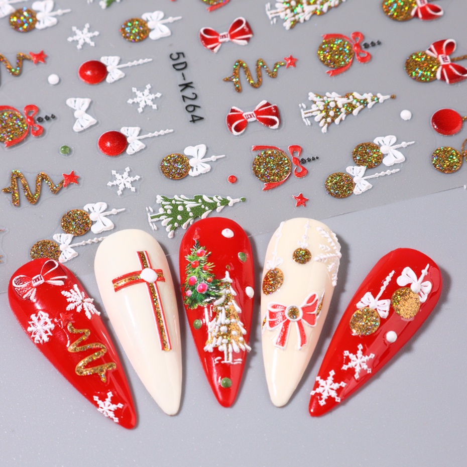 Miếng Dán Trang Trí Móng Tay 5d Màu Vàng Kim Lấp Lánh Hình Cây Thông Giáng Sinh / Hoa Tuyết / Gấu Nổi Bật