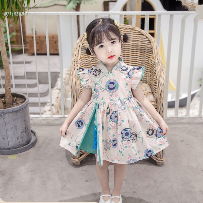 Đầm Sườn Xám In Hoa Tay Cánh Tiên Xinh Xắn Dành Cho Bé Gái