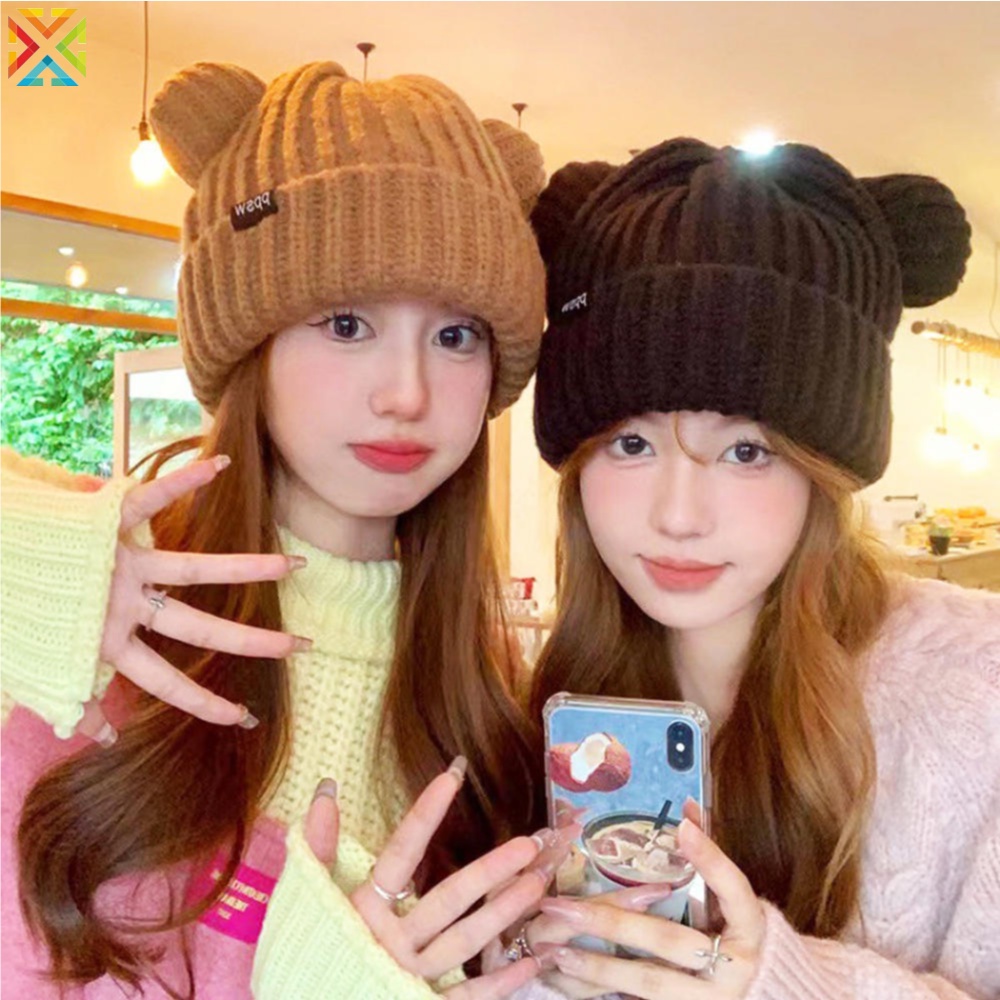 Mũ Len Dày Dặn Mềm Mại Đính Tai Gấu Bông Phong Cách harajuku Hàn Quốc Dễ Thương y2k