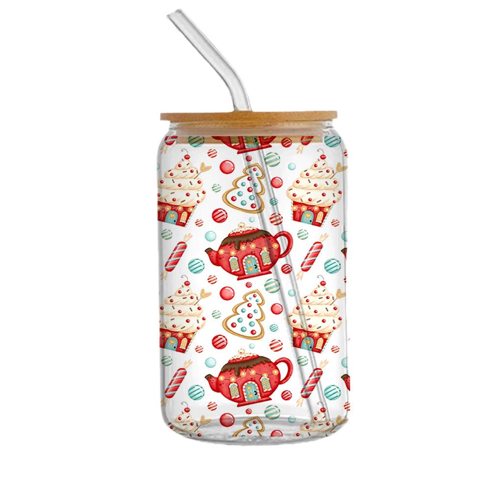 Uv dtf Nhãn Dán Giáng Sinh Màu Trong Suốt Chống Thấm Nước Hình Gừng Bí Ngô Hoạt Hình Cho Cốc 16oz r4a8
