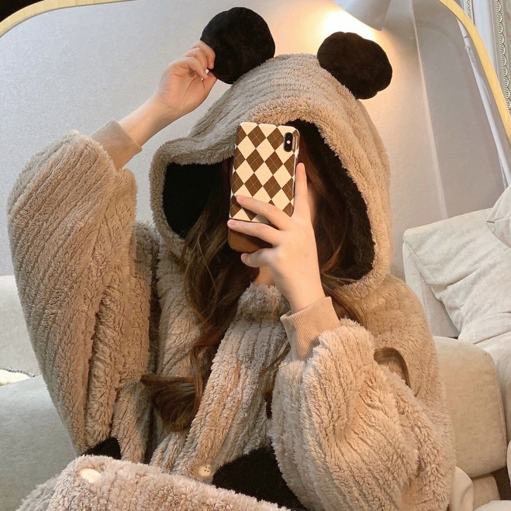 Áo Choàng Ngủ Dáng Dài Bằng Vải Lông Cừu San Hô Có Mũ Trùm Thời Trang Thu Đông Cho Nữ