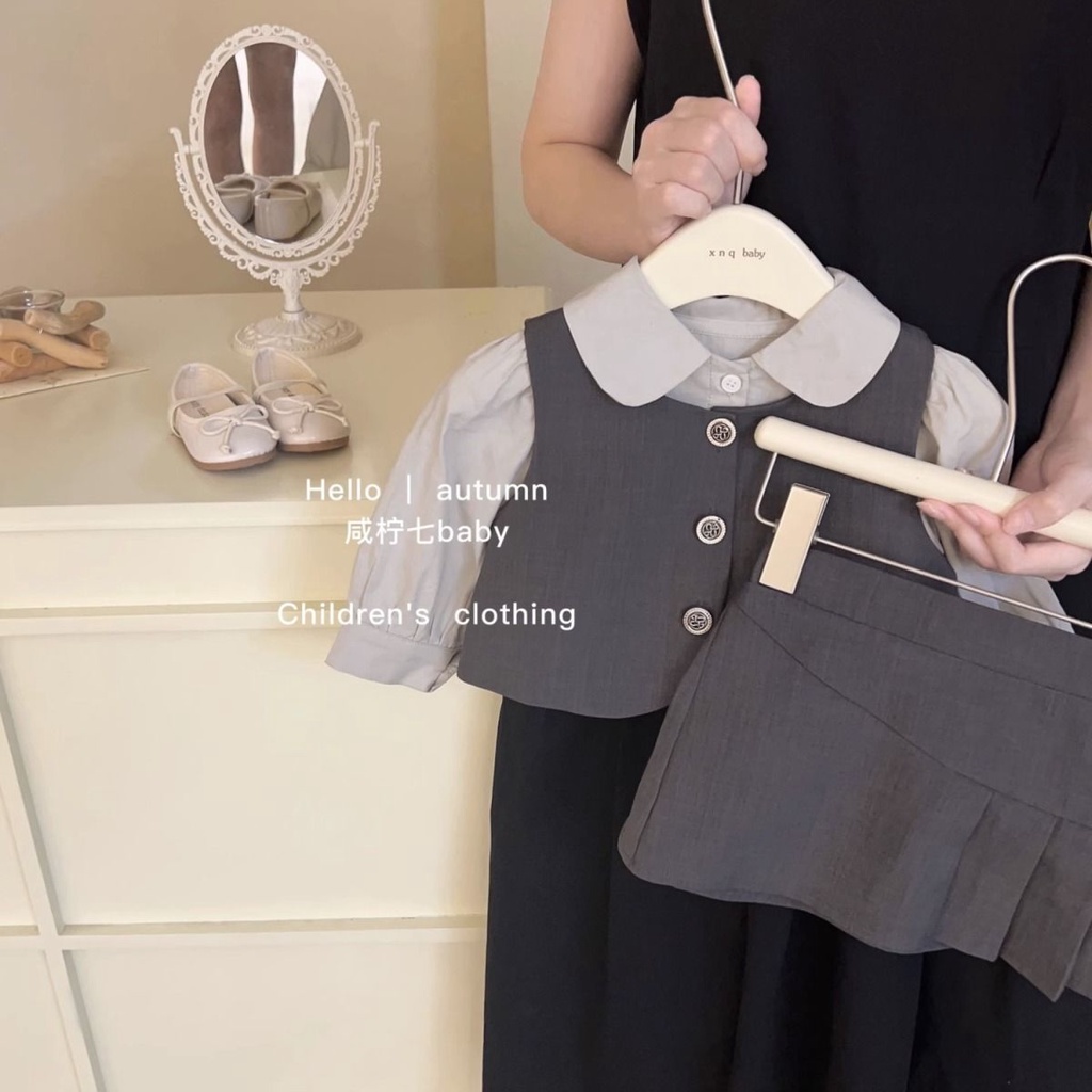 Bộ Áo Sơ Mi Phối Váy Ngắn Thời Trang Mùa Thu 2023 Mới Cho Bé Gái