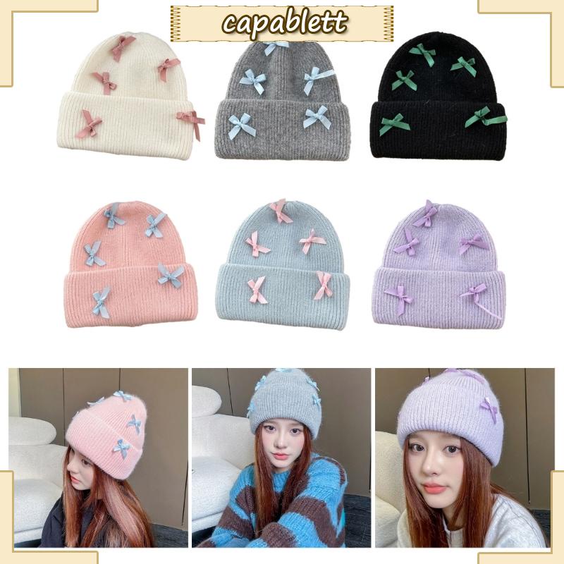 Mũ Beanie Đính Nơ Co Giãn Chống Gió Giữ Ấm Tai Thời Tiết Lạnh Đáng Yêu Cho Nữ