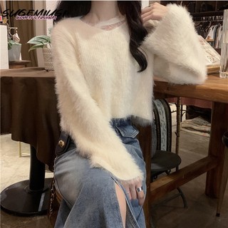 Sugemiusi áo khoác len giả lông chồn cổ chữ v thời trang thu đông phổ biến cho nữ bán chạy fufu