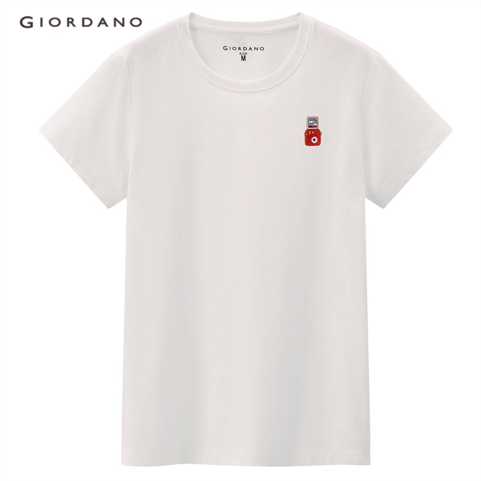 Áo thun GIORDANO 13323221 100% cotton dệt kim tay ngắn cổ tròn thêu họa tiết dành cho nữ