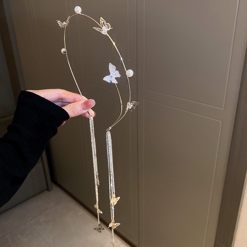 Băng Đô Cài Tóc Dây Xích Hình Bướm Bằng Hợp Kim Mỏng Đính Ngọc Trai & Kim Cương Kẹp Tóc