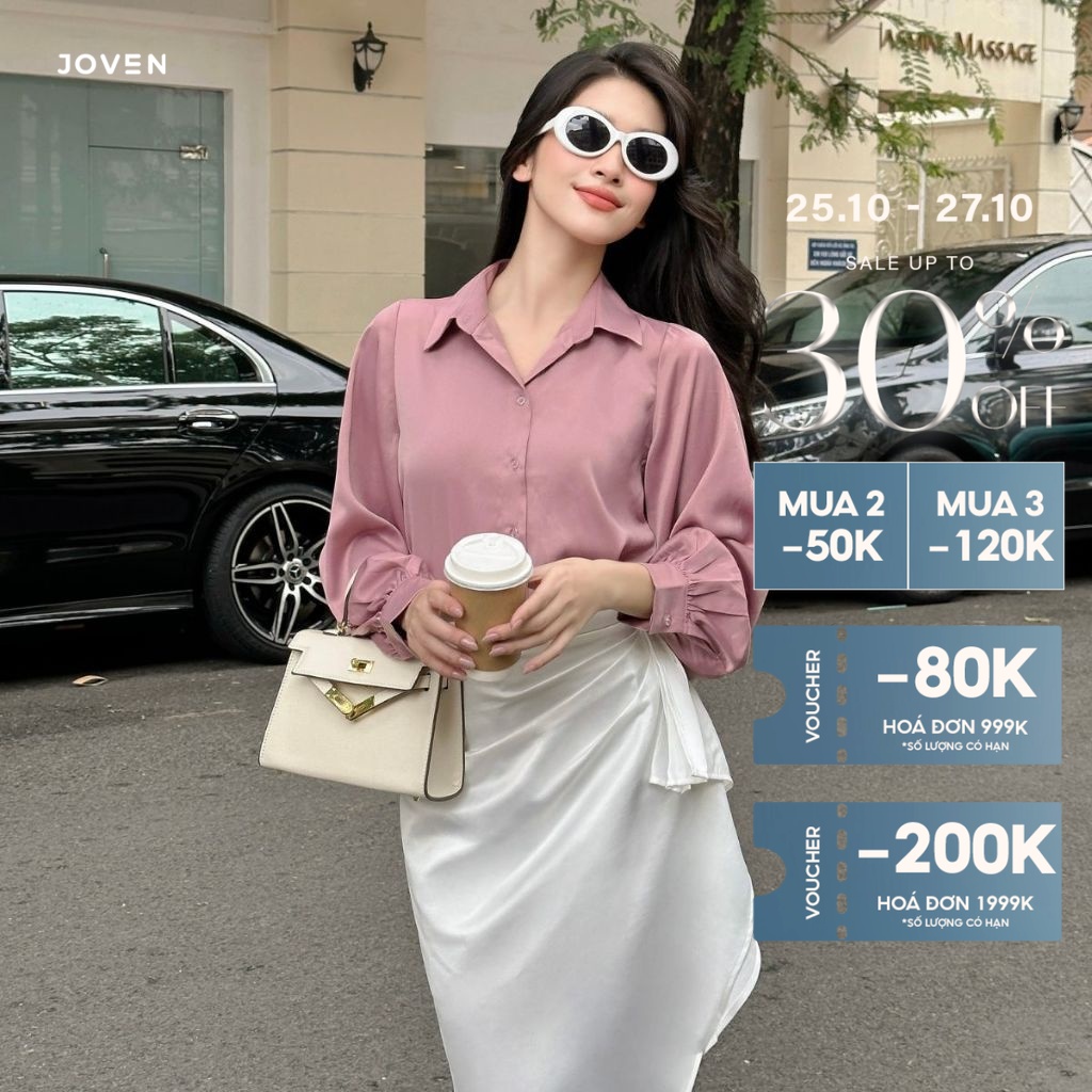 25.10 - 27.10 || NHẬN VOUCHER GIẢM 200K - JOVEN Áo Sơ Mi Lụa Tay Dài Bo Viền Dáng Basic Thanh Lịch