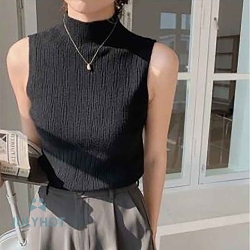 Áo Dệt Kim Sát Nách Cổ Lọ Màu Trơn Thời Trang Mùa Hè Cho Nữ