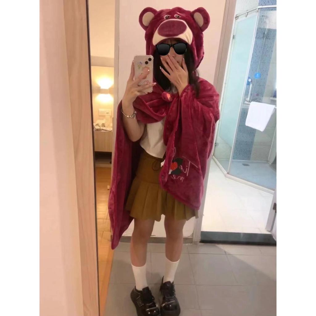 Chăn Lông Cừu San Hô Cỡ Lớn Hình Gấu / Dâu Tây Có Mũ Choàng Điều Hòa Không Khí