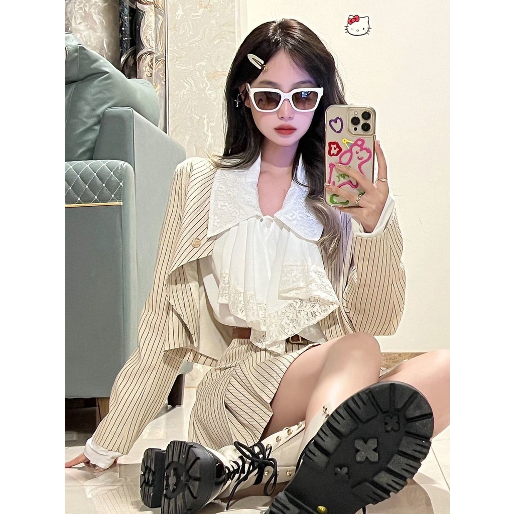 Set Áo Khoác Ren + Chân Váy Xếp Ly Thời Trang Nữ