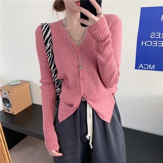 Yuewen dệt kim nữ xuân thu mỏng áo khoác ngoài dài tay top thu đông bên ngoài nhẹ nhàng cổ chữ v áo khoác cardigan