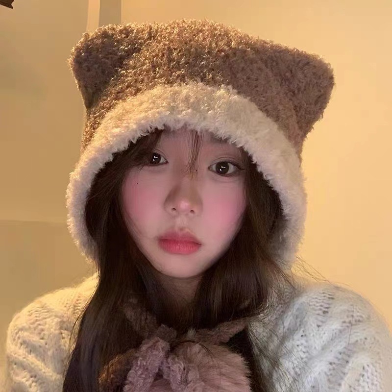 Mũ Len Dệt Kim Đính Tai Gấu Nhỏ Dễ Thương Thời Trang Mùa Đông Cho Nữ