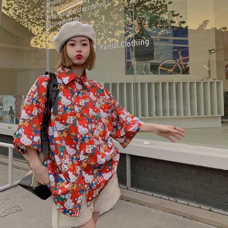 Hoạt Hình Áo Sơ Mi Tay Lửng Dáng Rộng In Hình Động Vật Phong Cách vintage Hàn Quốc Dành Cho Nữ