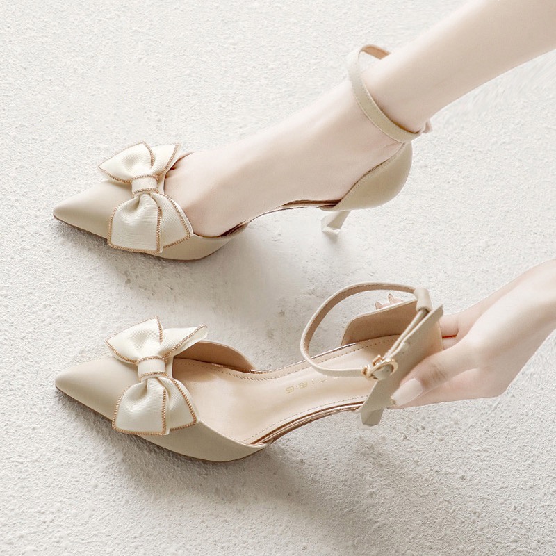 Giày Cao Gót 7.5cm Thời Trang Thanh Lịch Cho NữDễ Thương Giày Cao Gót Mũi Nhọn Đính Nơ Ngọt Ngào Cho Cô Dâu