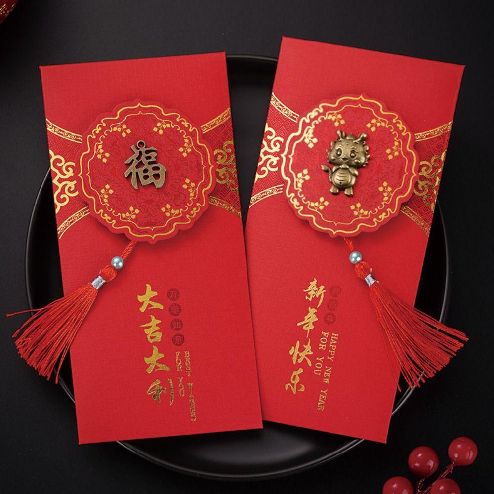 Lanfy Set 2 Phong Bì Đỏ May Mắn Phong Cách Trung Hoa Họa Tiết Rồng Hoạt Hình Phối Tua Rua Dày Dặn May Mắn Cho Lễ Hội Mùa Xuân