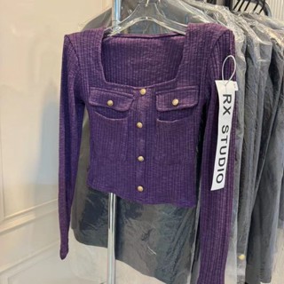 T Áo cardigan Dệt Kim Cổ Vuông Màu Tím Phong Cách Pháp Thời Trang Thu Đông Cao Cấp Cho Nữ