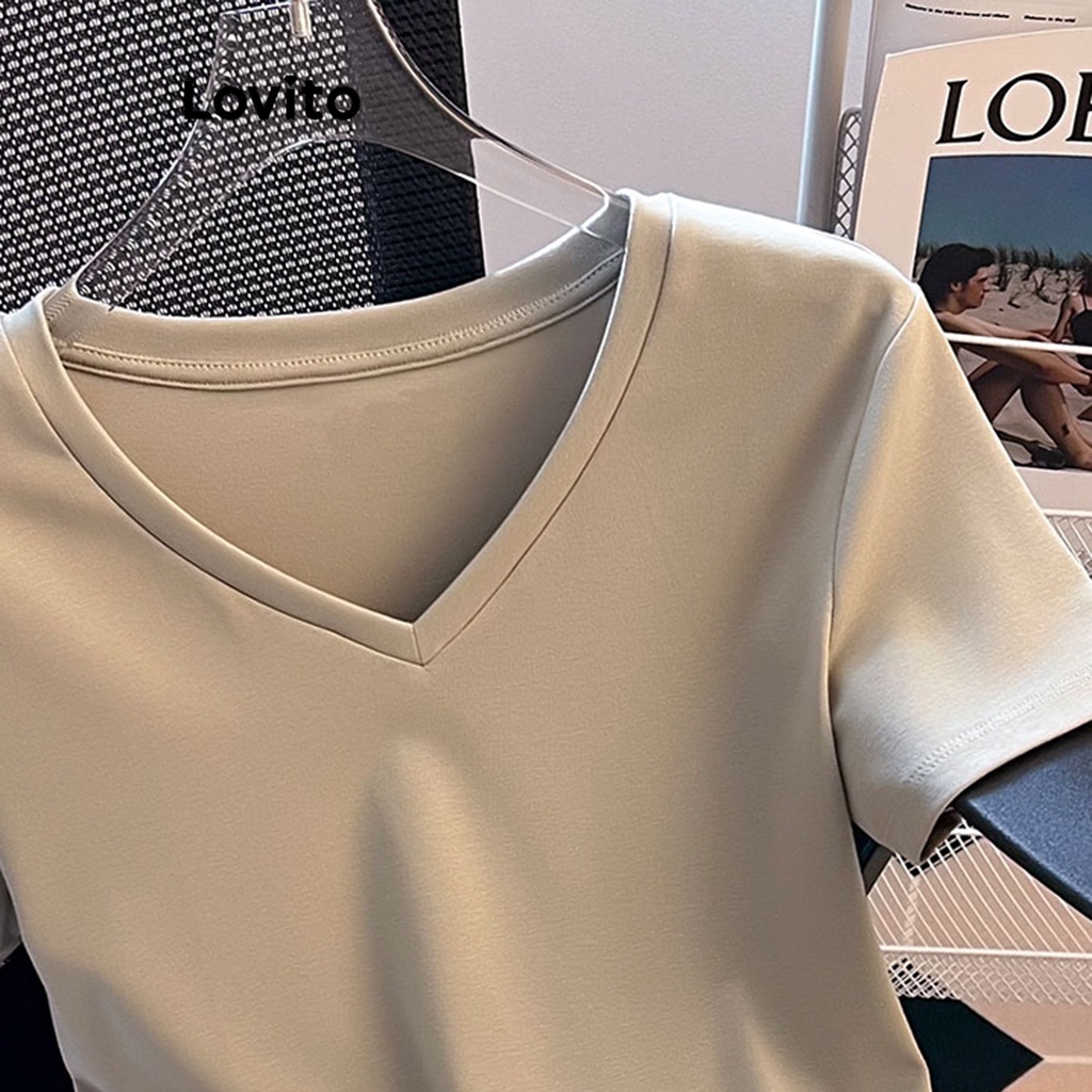 Lovito Áo thun trơn bất đối xứng thường ngày cho nữ LNA27003