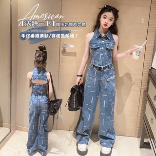 Thời trang set áo denim sát nách + quần jeans cho bé gái