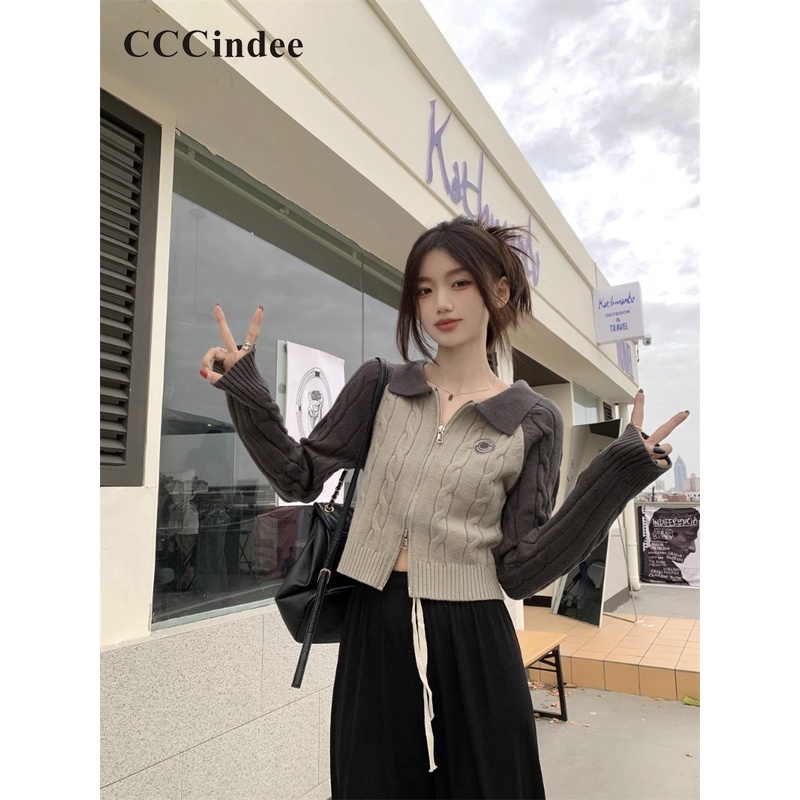 Cccindee Áo Khoác Tay Dài Cổ Bẻ Hai Khóa Kéo Ôm Dáng Màu Tương Phản Thời Trang Mới 2023 Dành Cho Bạn Nữ