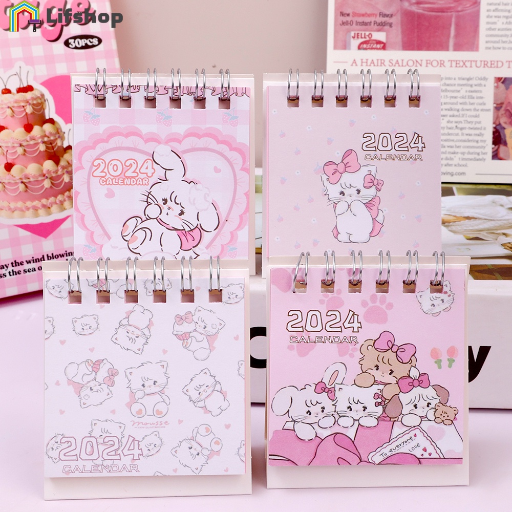 Lịch Để Bàn mini 2024 Dạng Gập Di Động Hình Mèo Hoạt Hình Màu Hồng / Lịch Để Bàn Trang Trí Dễ Thương