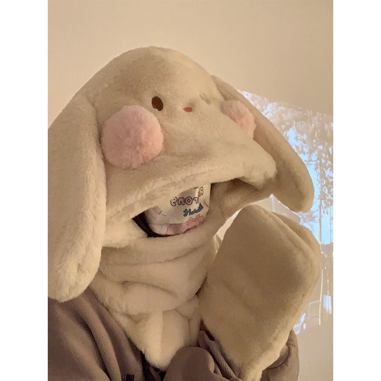 Bộ Ba Món Gồm Nón + Găng Tay + Khăn Choàng + Khăn Choàng Tai Thỏ Bằng Vải Lông Dày Dặn Ấm Áp Dễ Thương Cho Nữ