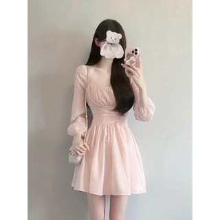 Đầm Công Chúa Mùa Thu Màu Hồng Cổ Vuông Phong Cách Pháp Ngọt Ngào Kiểu Mới Cho Nữ